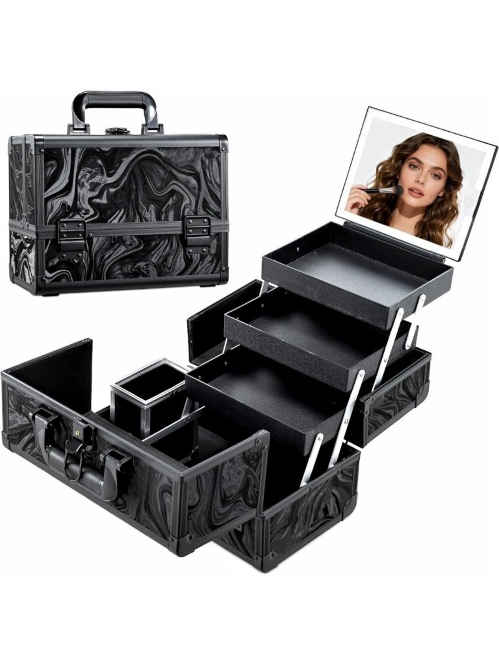 LED Makeup Organizer Case - 11.6" Portable Travel Cosmetic Box with Brush Holder